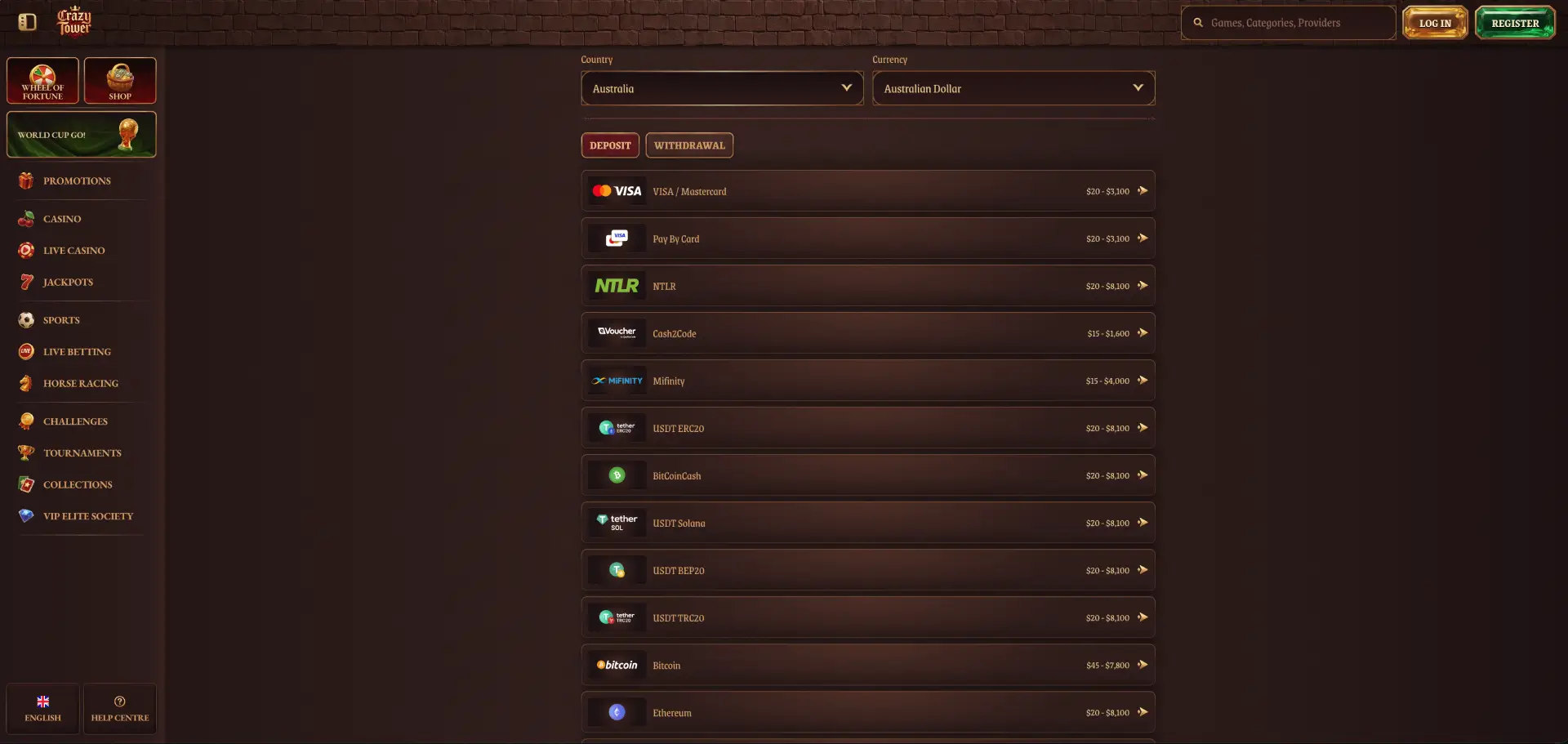 Crazy Tower Casino payment methods for Australian players Crazy Tower Casino payment methods for Australian players