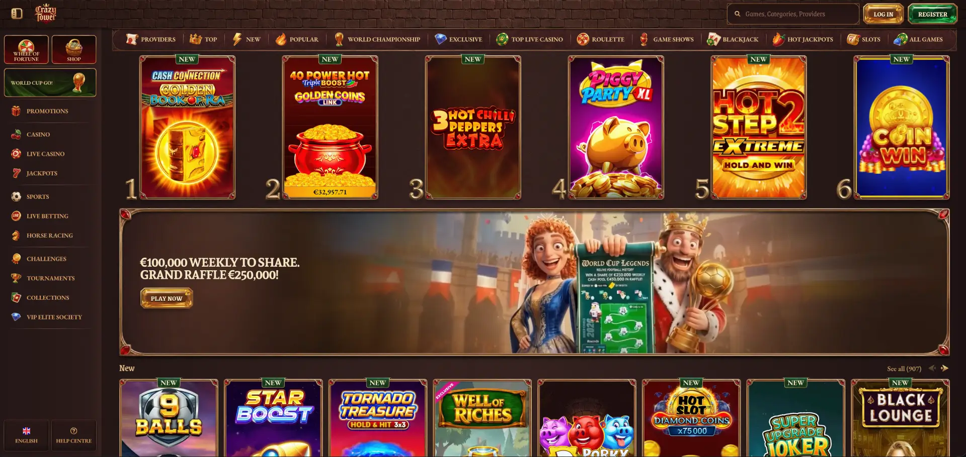Crazy Tower Casino lobby structure with game categories Crazy Tower Casino lobby structure with game categories